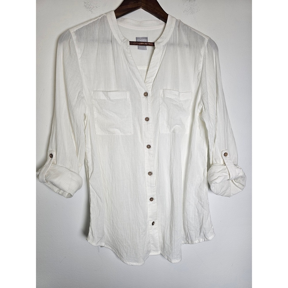 [Coastal Minimalist] Chico's Gauze Button Down Womens M White Roll Tab 570310190